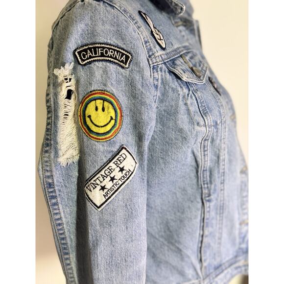 Boom Boom Distressed Jean Jacket Patches Trucker Y2k Festival Cropped Grunge - Picture 3 of 10
